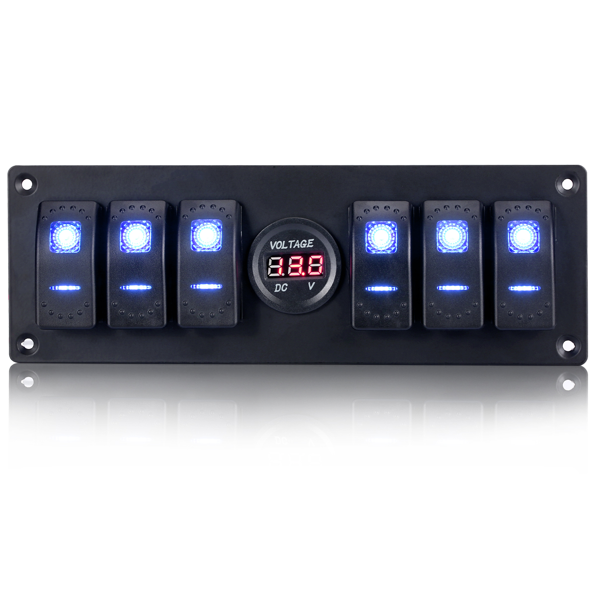 Switchtec 6 Gang Rocker Switch Panel Voltmeter, Blue Backlit LED, Pre